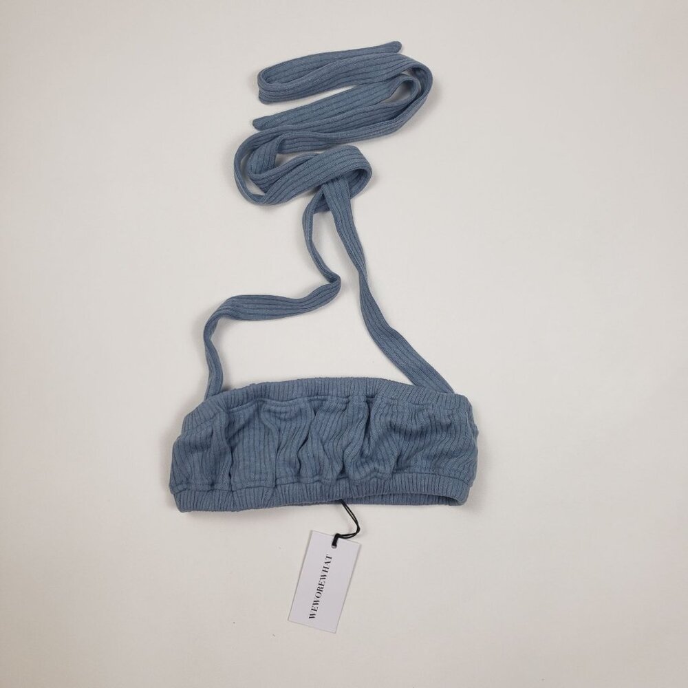 We Wore What Revolve Tie Halter Wide Rib Bra Top Women's Size XS Storm Blue NWT - Picture 3 of 16